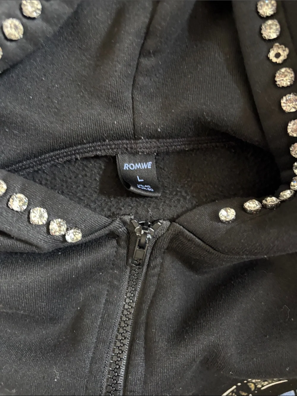 ROMWE Black Studded Zip-Up Hoodie with Crystal Accents